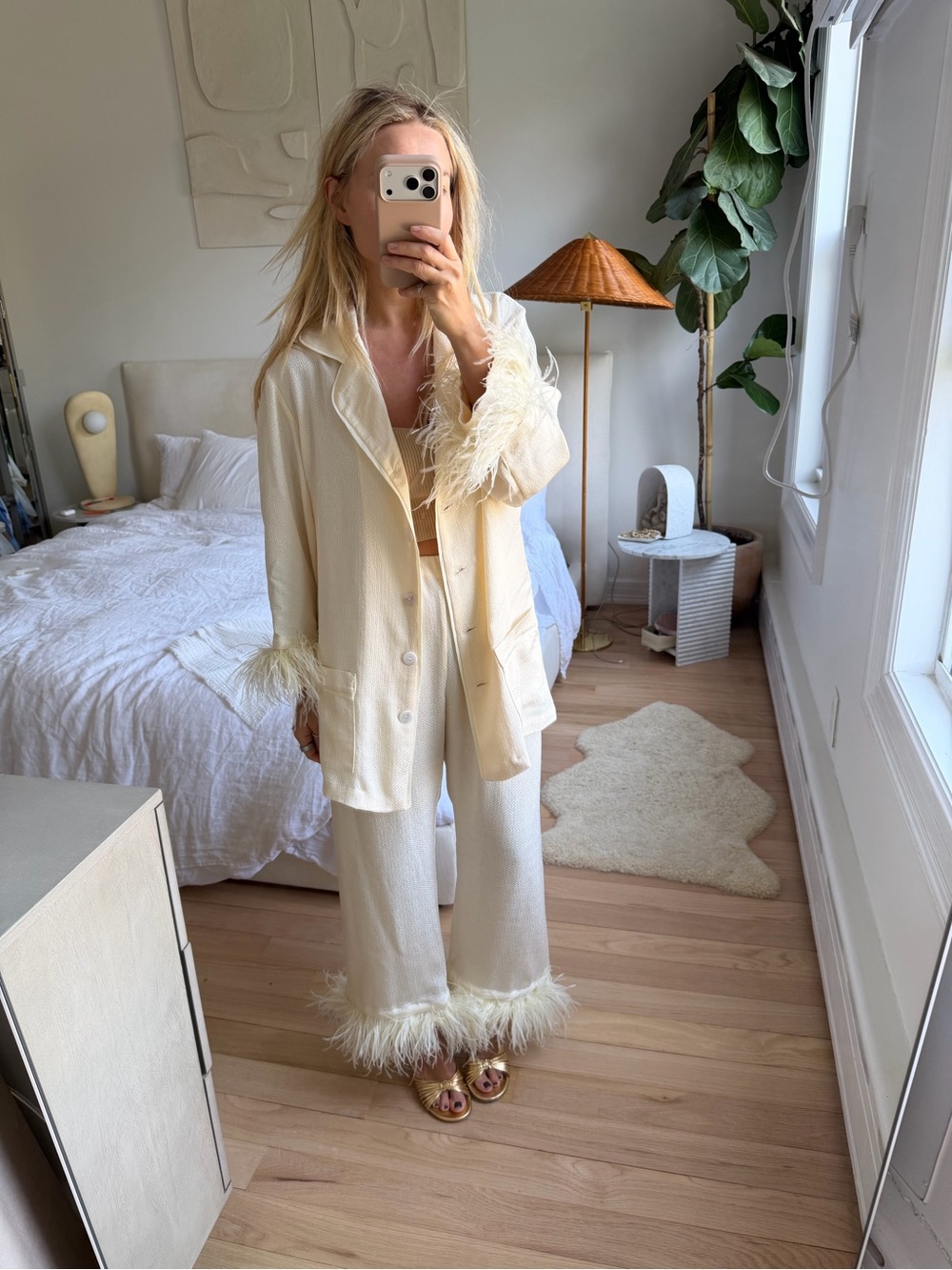 Sleeper Butter Cream Suit W Pants Size M With Feathers